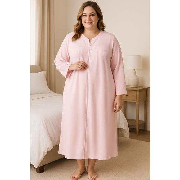 Miss Elaine Brushed Back Terry Zip Robe Mint Green 1X Long Embroidered Lounge - Picture 1 of 12